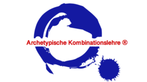 Ein blauer kreisförmiger Pinselstrich und Spritzer erscheinen hinter den deutschen Worten Archetypische Kombinationslehre ® in fetter roter Schrift auf weißem Hintergrund, die Berufung finden Coaching und die Frage hervorheben: Was ist meine Seelenaufgabe.