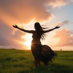 Eine Frau mit ausgestreckten Armen steht bei Sonnenuntergang auf einer Wiese, ihr Kleid und ihr Haar wehen im Wind - ein Bild der Freiheit und Klarheit, das Coaching berufliche Neuorientierung und die Reise zu Ihrer wahren Berufung symbolisiert.