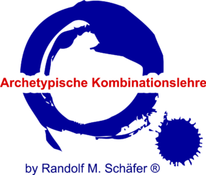 Ein großer blauer kreisförmiger Pinselstrich mit einem Spritzer überlagert den deutschen Text in Rot: Archetypische Kombinationslehre. Darunter steht in blauer Schrift: von Randolf M. Schäfer ®, genannt Archetypen-Coach München, auf einfarbig weißem Grund.