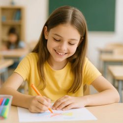 1 Mädchen malt mit Freude in Schule Ein junges Mädchen in einem gelben Hemd lächelt, während es mit einem farbigen Marker an ihrem Schreibtisch in einem Klassenzimmer zeichnet, mit einer Kreidetafel und Regalen im Hintergrund.