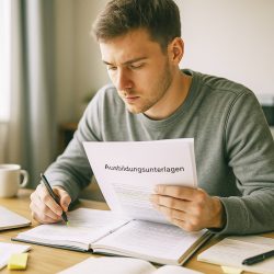 2 Junger Mann vertieft in Ausbildungsunterlagen Ein junger Mann sitzt an einem Schreibtisch und studiert konzentriert Dokumente mit der Aufschrift Ausbildungsunterlagen. Er schreibt mit einem Stift Notizen in ein Notizbuch. Auf dem Tisch stehen ein Becher und Haftnotizen.