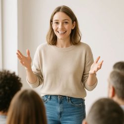 4 Frau spricht vor Gruppe im Seminarraum Eine junge Frau mit schulterlangen braunen Haaren, die einen beigen Pullover und blaue Jeans trägt, steht lächelnd und mit den Händen gestikulierend in einem hellen Raum und spricht zu einem kleinen, sitzenden Publikum.