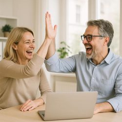 5 High-Five im hellen Büro Ein lächelnder Mann und eine lächelnde Frau sitzen an einem Tisch mit einem Laptop, geben sich gegenseitig ein High-Five und feiern gemeinsam in einer hellen Heimbüroumgebung.