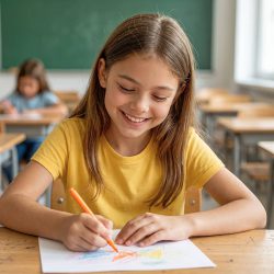 Ein lächelndes junges Mädchen mit langen braunen Haaren und gelbem Hemd sitzt an einem Klassenzimmerpult und zeichnet mit einem orangefarbenen Marker, während ein anderes Kind an einem Schreibtisch im Hintergrund arbeitet.