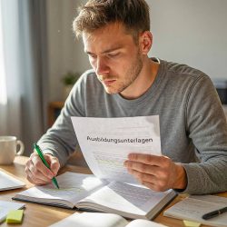 Ein Mann sitzt an einem Tisch und studiert Dokumente mit der Aufschrift "Ausbildungsunterlagen". Er markiert den Text mit einem grünen Marker, umgeben von Büchern, einem Notizbuch und einer Tasse, und scheint konzentriert und engagiert zu arbeiten.