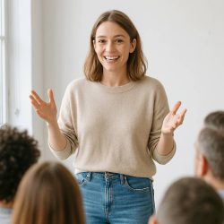 Eine Frau mit schulterlangen braunen Haaren, die einen beigen Pullover und blaue Jeans trägt, steht lächelnd und mit den Händen gestikulierend in einem hellen Raum und spricht zu einer kleinen Gruppe von Menschen.