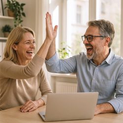 Zwei lächelnde Erwachsene sitzen an einem Tisch mit einem Laptop und geben sich zur Feier des Tages gegenseitig ein High Five. Helles Fensterlicht füllt den Raum, und sie wirken glücklich und aufgeregt.