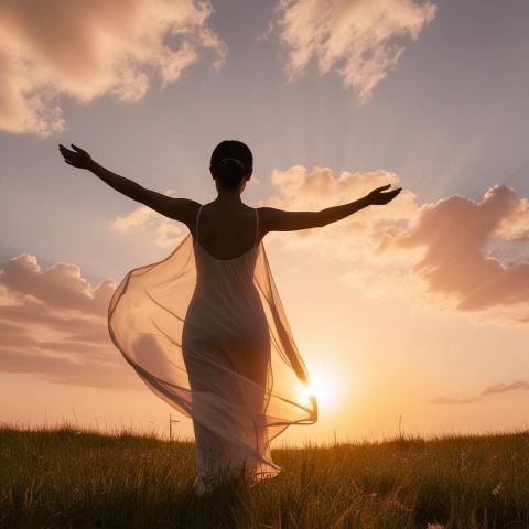 Im Einklang mit der Seele-2 Eine Person in einem fließenden, durchsichtigen Kleid steht mit ausgestreckten Armen im Gras und blickt in die untergehende Sonne. Sie fängt die Gelassenheit und Hoffnung ein, die in Berufung finden Coaching zu finden sind, während sanfte Wolken und warmes Licht eine erbauliche Atmosphäre schaffen.