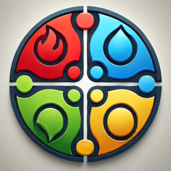 vier-elemente-coaching1 Ein kreisförmiges Emblem, unterteilt in vier Abschnitte mit jeweils einem farbigen Symbol - rote Flamme, blauer Wassertropfen, grünes Blatt und gelber Kreis - symbolisiert die Elemente und spiegelt die Reise von Berufung finden Coaching oder Was ist meine Seelenaufgabe wider.