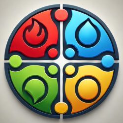 Ein kreisförmiges Emblem, das in vier Abschnitte unterteilt ist, jeder mit einem einzigartigen Symbol und einer Farbe - rote Flamme, blauer Wassertropfen, grünes Blatt und gelbe Sonne -, die die vier Elemente und die Reise zum Berufung finden Coaching symbolisieren.